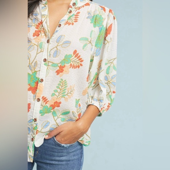 NWT Maeve Kalapana Blouse 12 Floral Balloon Cream Short Sleeves Button Down - Picture 4 of 14